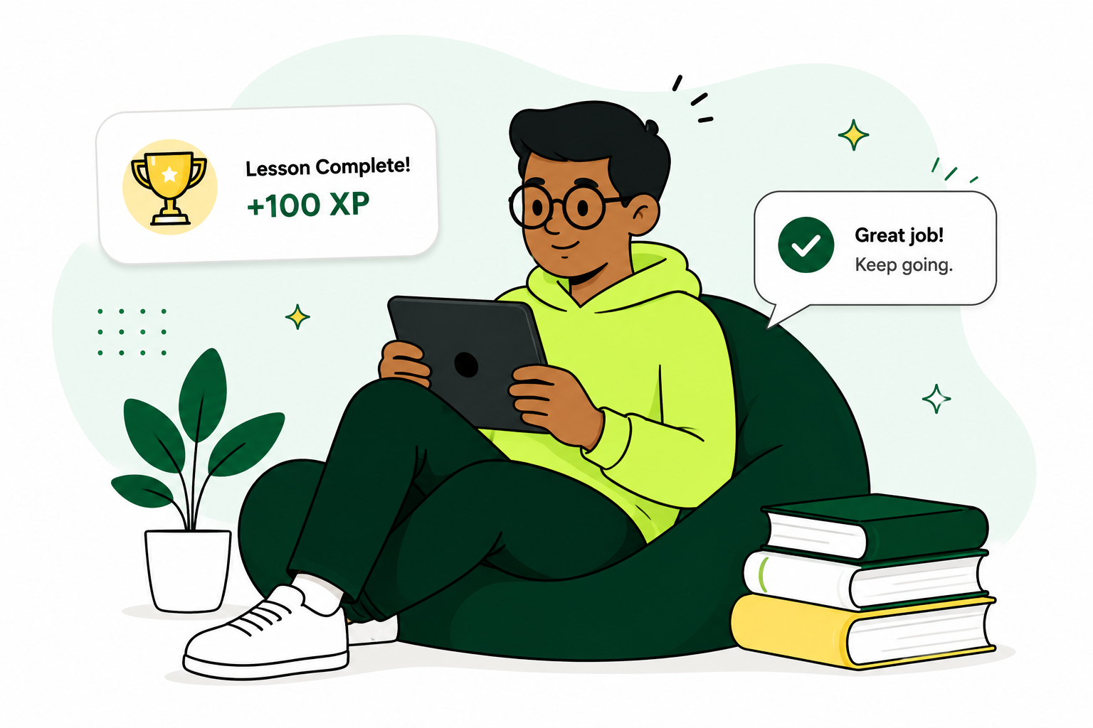 Happy creator with laptop pointing at a course